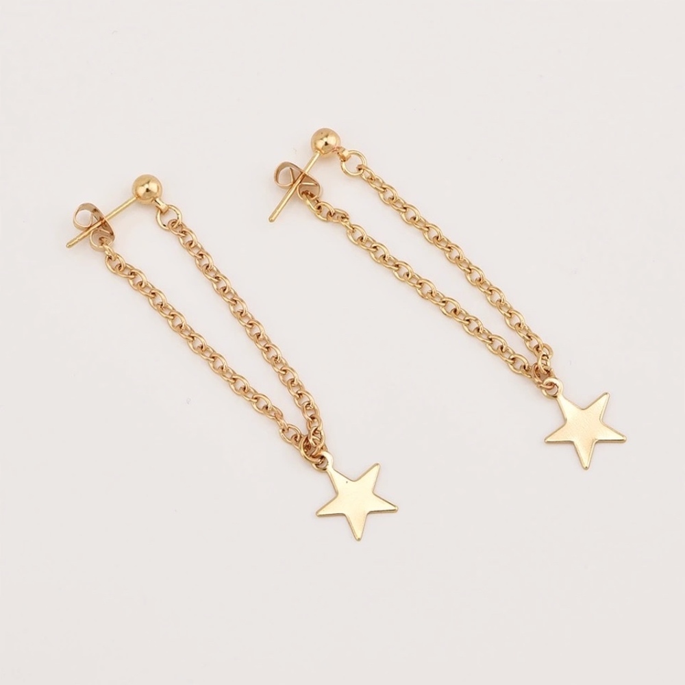 Star Chain Drop Hoop Gold Ear Jacket Earrings - Picture 7 of 7